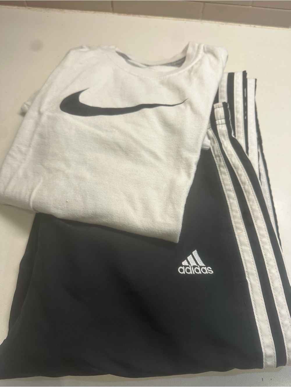 Nike Kids White T Shirt & Black Adidas Athletic Bottoms - Classic Three-Stripes